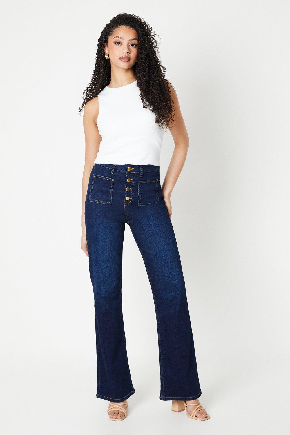 Womens Tall High Rise Button Detail Patch Pocket Flare Jeans